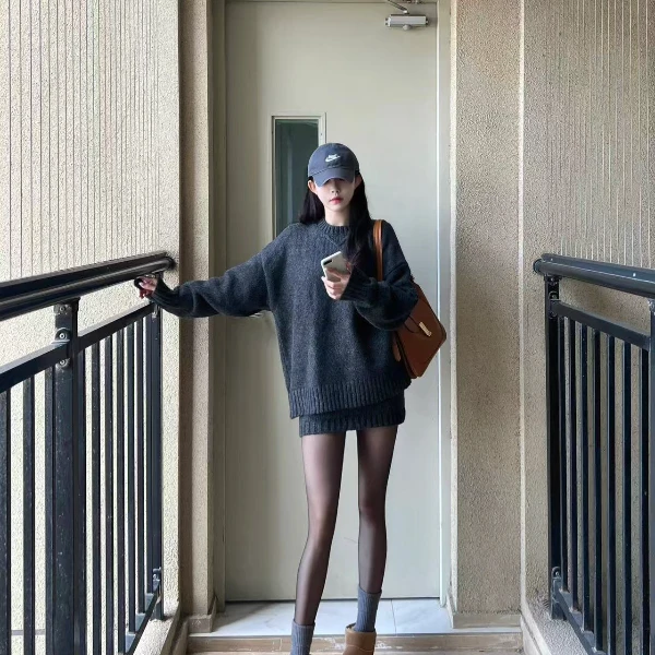 时尚高级感套头毛衣套装女秋冬慵懒风针织衫高腰两件套休闲显瘦