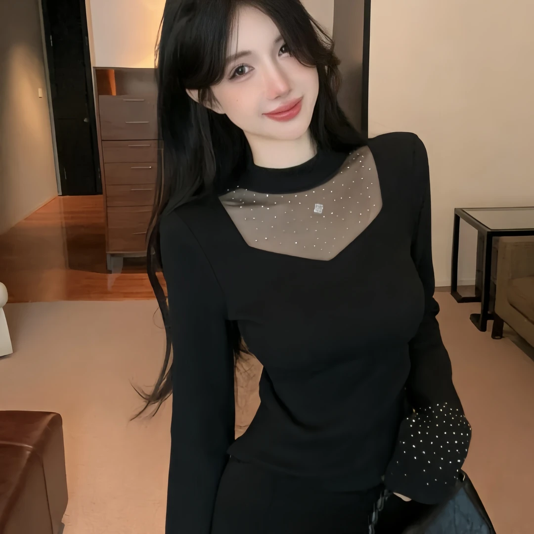 设计感拼接纱网烫钻T恤半高领打底衫修身显瘦内搭长袖上衣0096