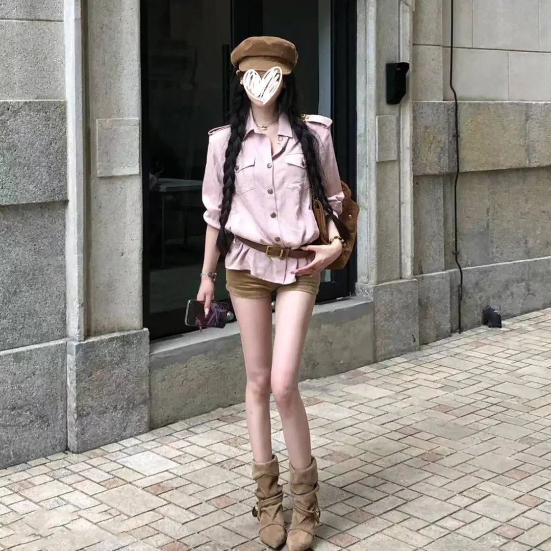 粉色Polo领肩章长袖衬衫女装秋季新款单排扣设计百搭时尚外穿衬衣