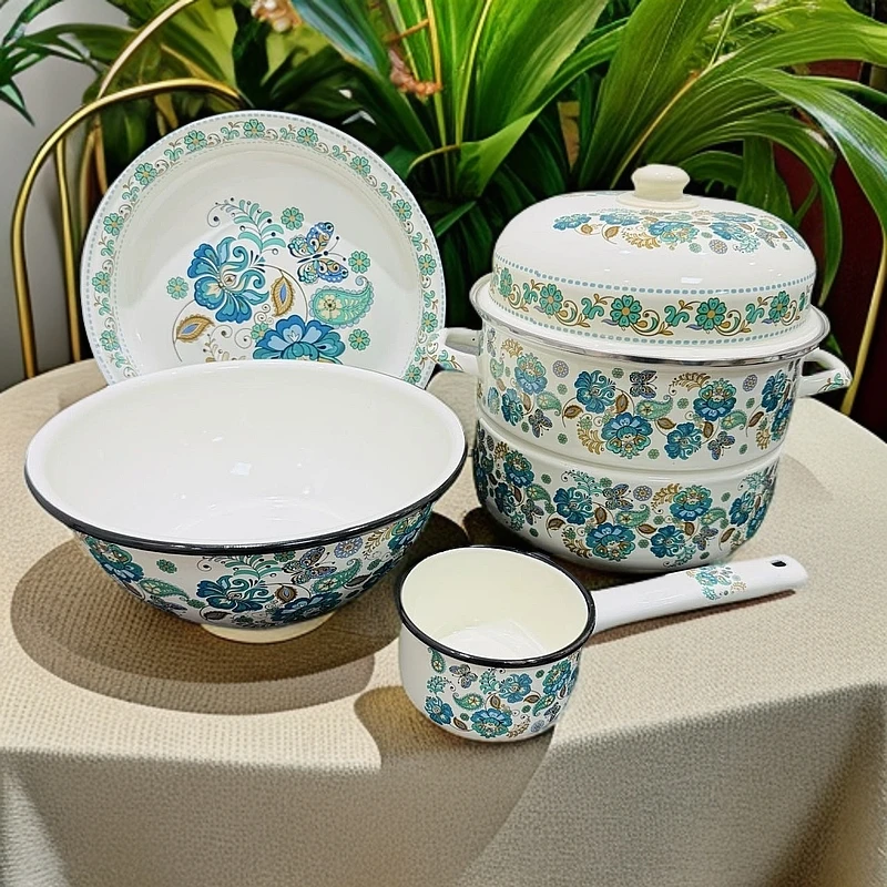 新疆包邮【杏花四件套】26cm双层蒸锅 30cm盘子 30cm盆子带柄的勺子
