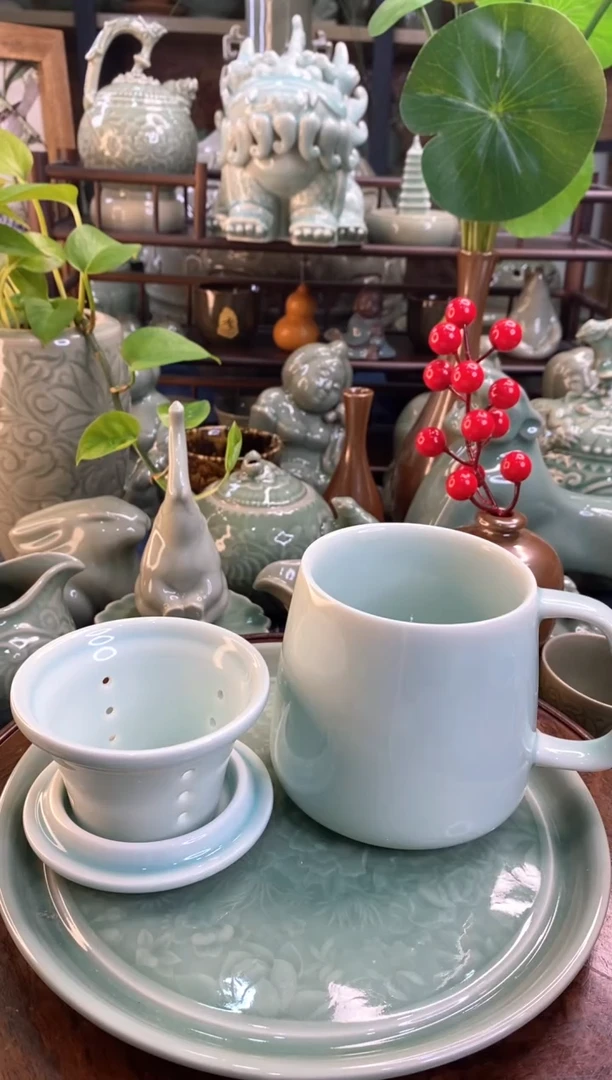 耀州窑 微瑕 天青牡丹素面茶漏杯【b000119】1只