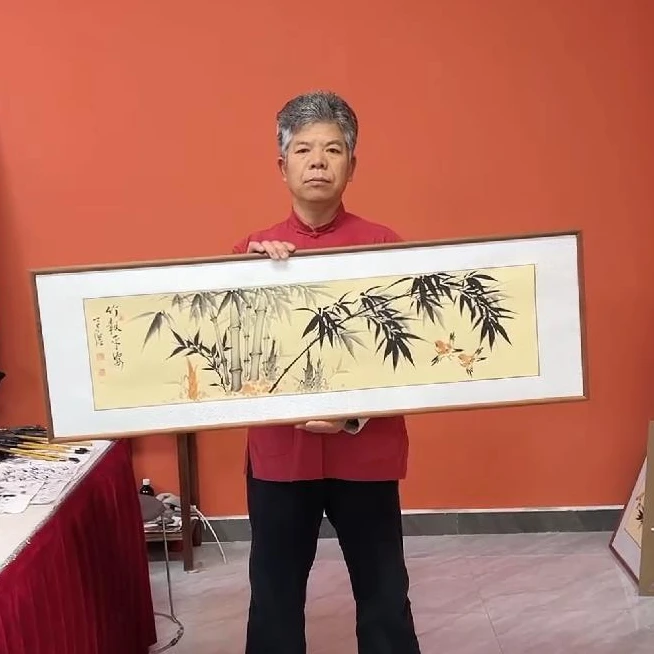 张富民手绘作品/竹报平安（乌檀木外框）/古宣/122*40cm左右/