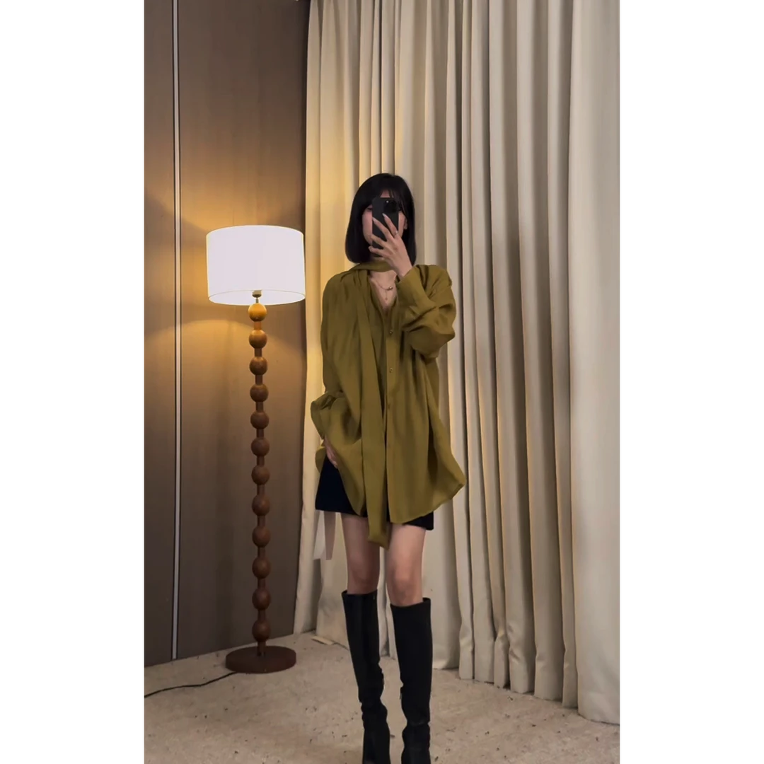 【ZZ严选】6838飘带天丝气质高级智感衬衫女宽松慵懒富家千金上衣