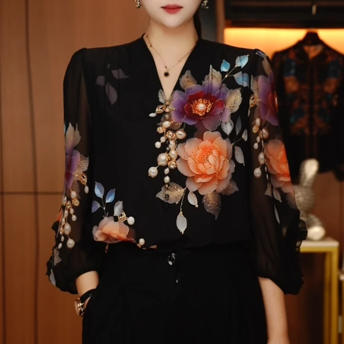 Y250150- 新款琉璃双皱丝洋气时尚百搭休闲气质女士印花小衫显瘦