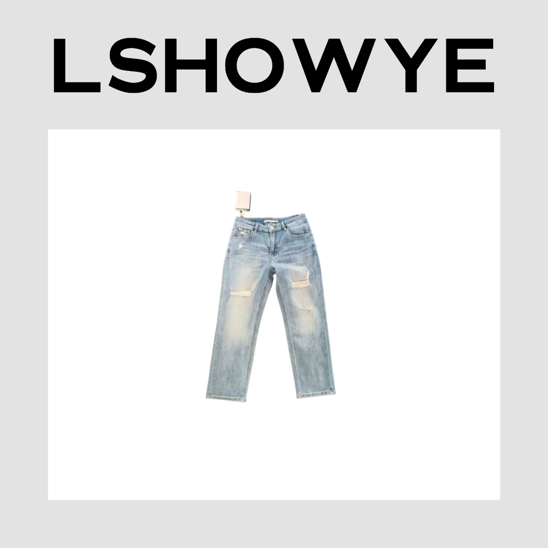 LSHOWYE｜设计师破洞直筒七分牛仔裤 52577