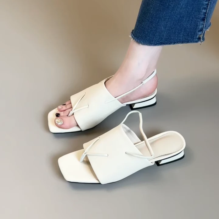 Pokoy-2cm法式复古方头一字带凉拖鞋新款百搭粗跟露趾凉鞋