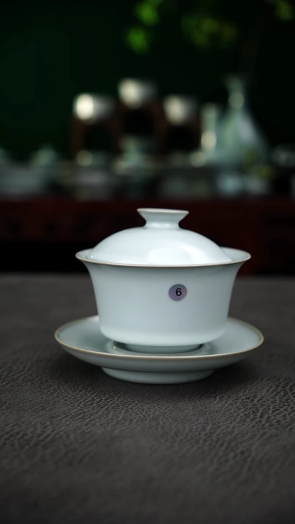 月白釉6号马蹄三才盖碗微微暇-二