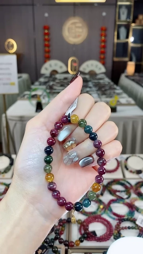 未镶嵌老矿碧玺色标彩虹单圈手串7mm+碧玺dan多样性发货一条