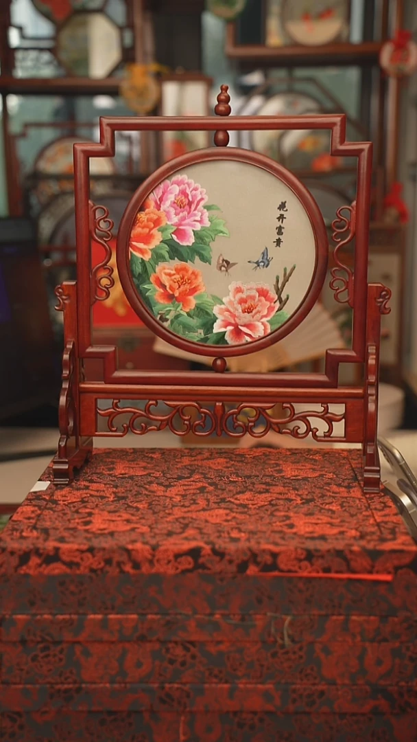 扇子五福架 苏绣双面绣五福架 35乘41