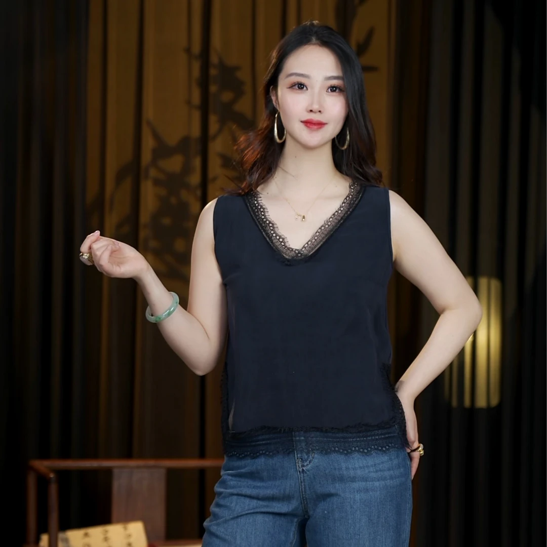 通勤蕾丝时尚百搭打底夏季宽松重磅桑蚕丝打底背心无袖黑色YCS004