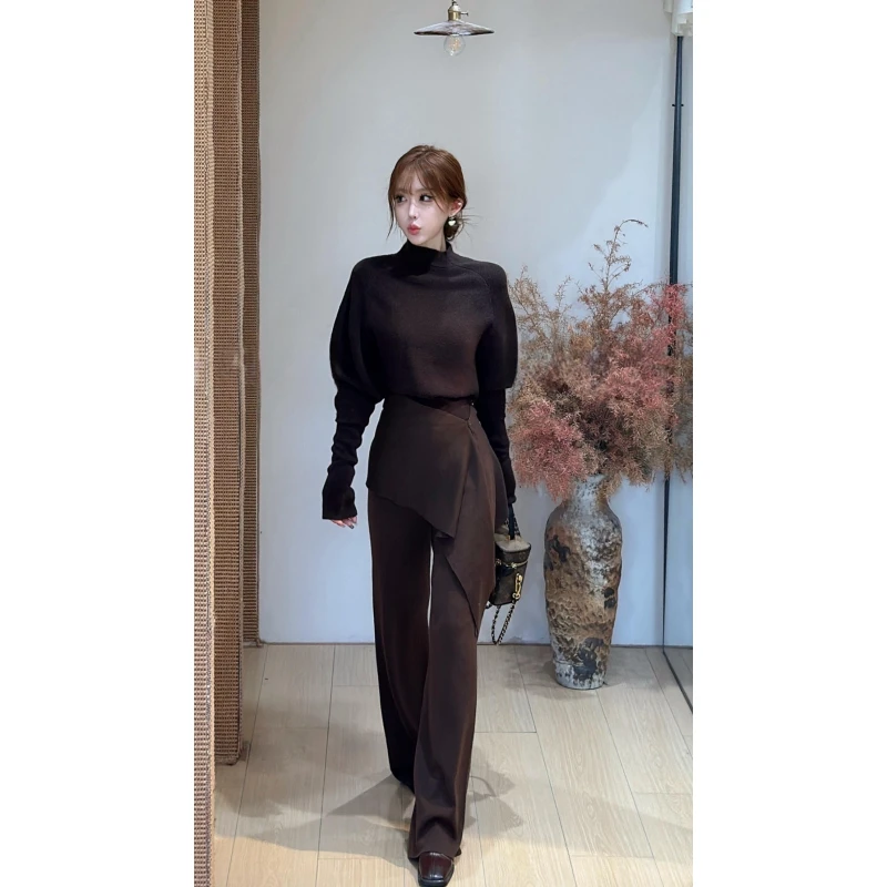 2025秋季新款高级感修身显瘦长袖针织衫女高腰百搭休闲阔腿裤套装