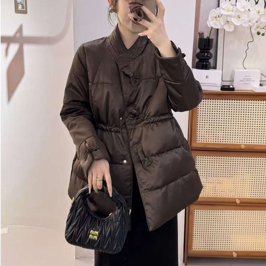 L S 桑蚕丝羽绒服 千金风包袖气质宽松新中式缎面V领羽绒服Q302