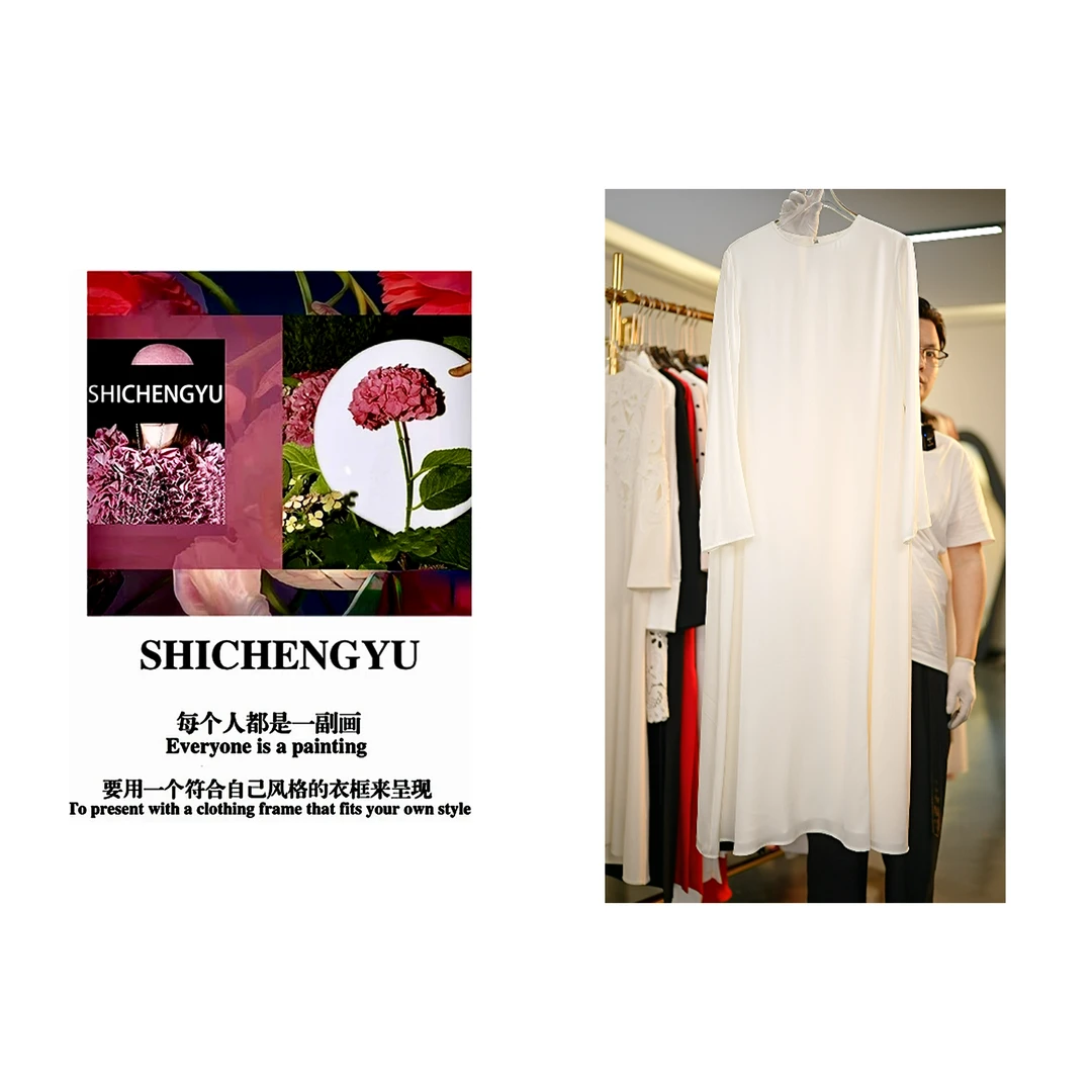 「SHICHENGYU」时尚设计师新款轻奢白色圆领连衣裙