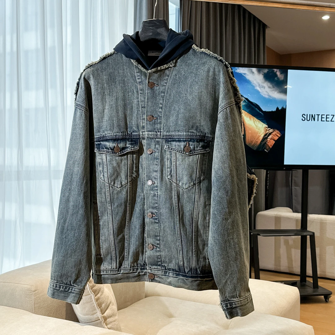 【SUNTEEZA】24SS解构拼接风格假两件毛边刺绣连帽牛仔衣外套夹克