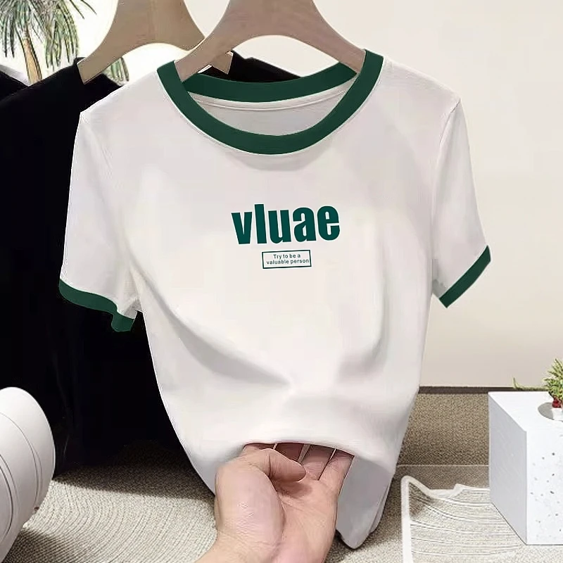 夏季设计感正肩撞色短袖t恤女士T恤2025新款洋气百搭短袖上衣打底