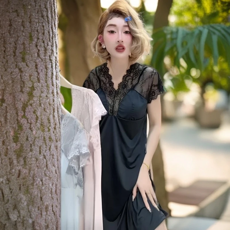 2025夏季新款带胸垫蕾丝短袖吊带裙法式欧美风性感洋气薄款睡裙潮