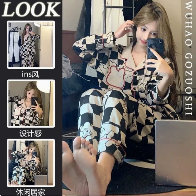 吉吉家居服日系可爱格子小熊睡衣女春秋长裤长袖学生外穿两件套