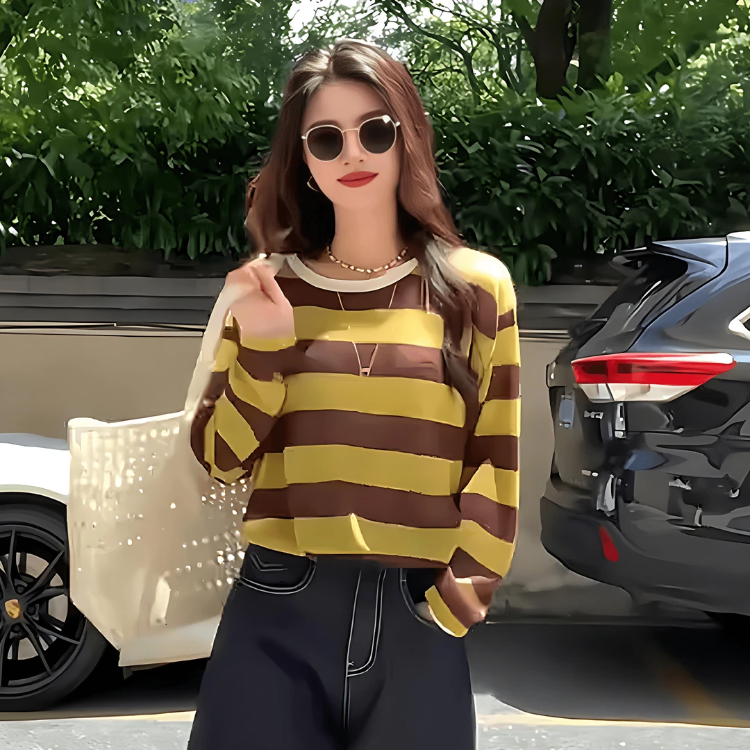 韩系撞色条纹长袖针织衫女早秋季慵懒风高级感穿搭内搭打底衫上衣