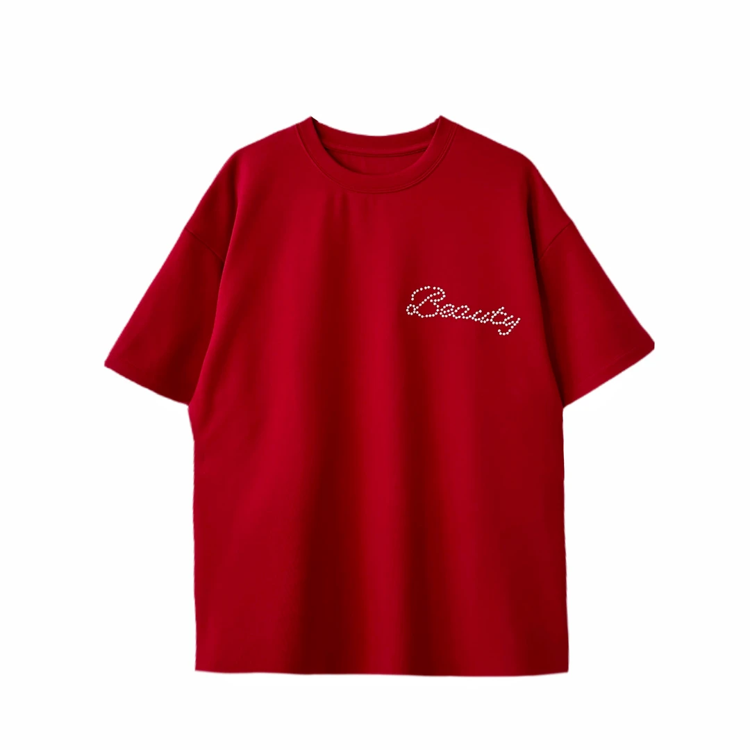 SS25009  【新年红】重工字母刺绣短袖T恤