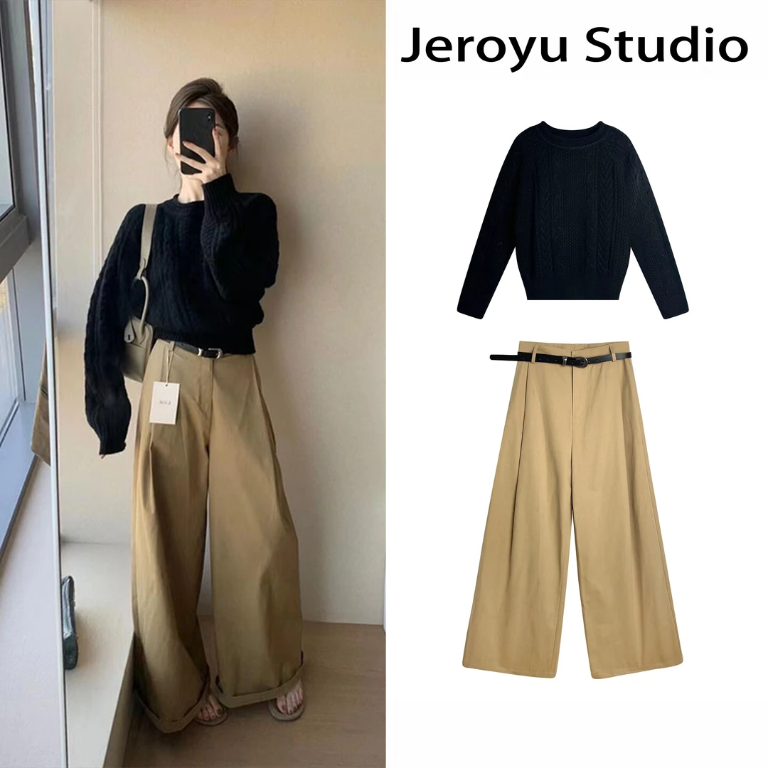 一整套ootd穿搭慵懒风气质2025秋季针织毛衣休闲百搭阔腿裤两件套