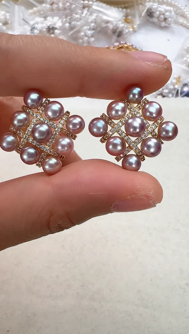 【闪购商品】淡水珍珠耳饰合金紫色棋盘