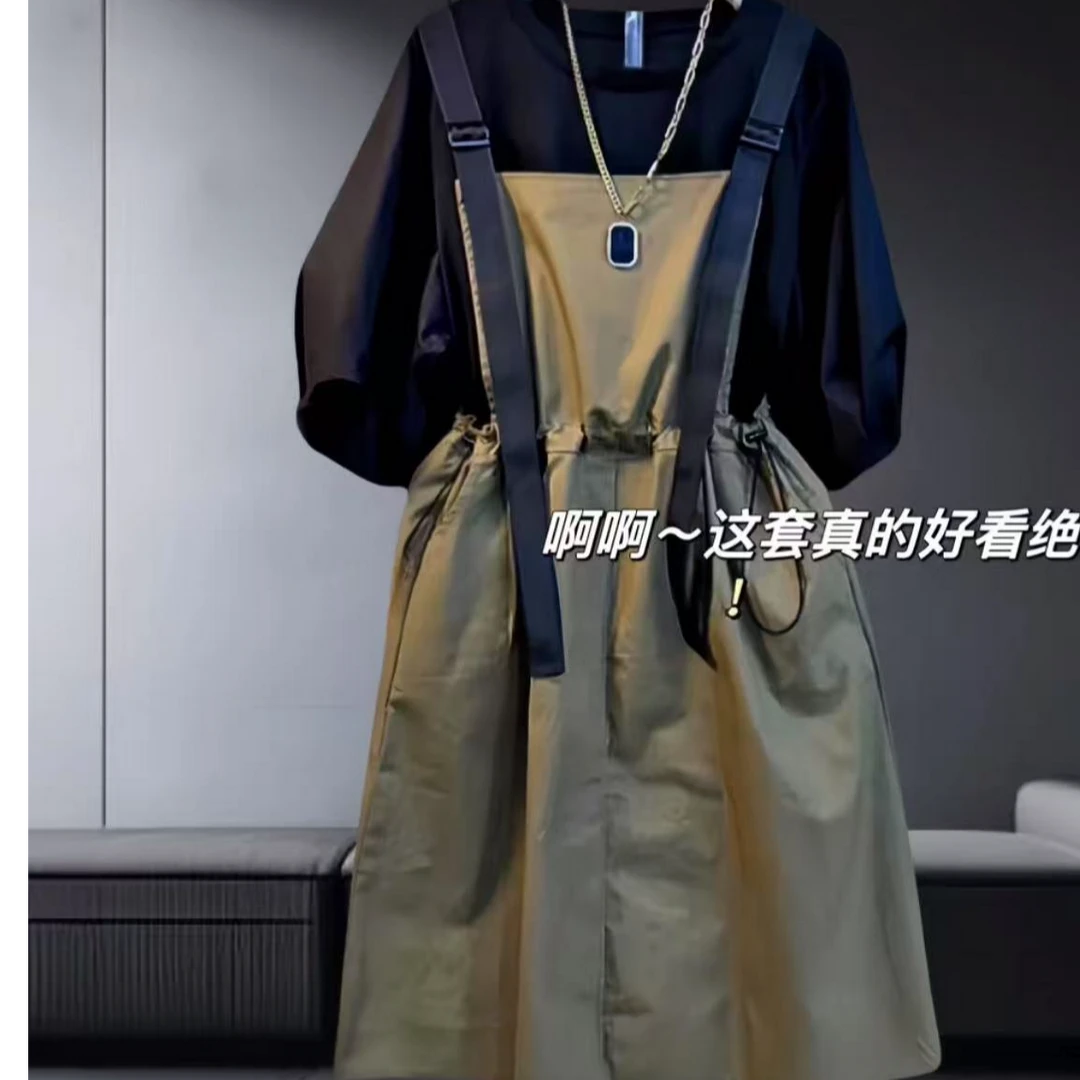 1780-C-大码泡泡袖背带裙大码显瘦两件套|（泡泡袖衫+背带A版裙）