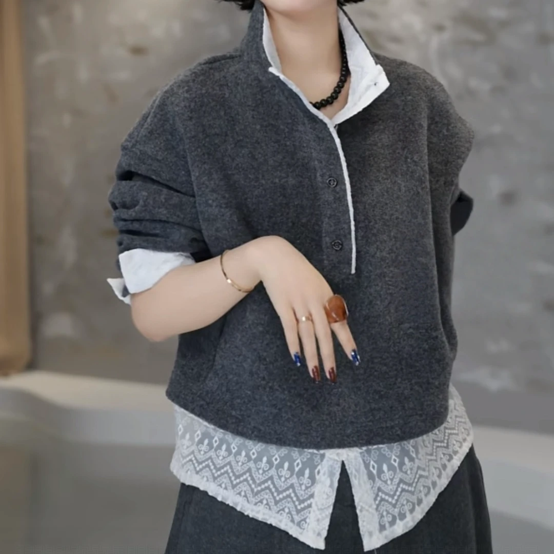 可可设计感蕾丝拼接厚款假两件卫衣2025冬季新款女款百搭长袖上衣