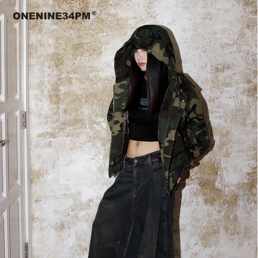 ONENINE34PM 特种兵行动 迷彩连帽棉服复古街头开衫拉链卫衣外套