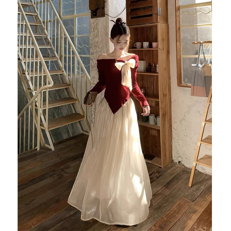 DUODUO【安可甜心】红色针织上衣连衣裙搭配套装温柔公主裙长袖2025