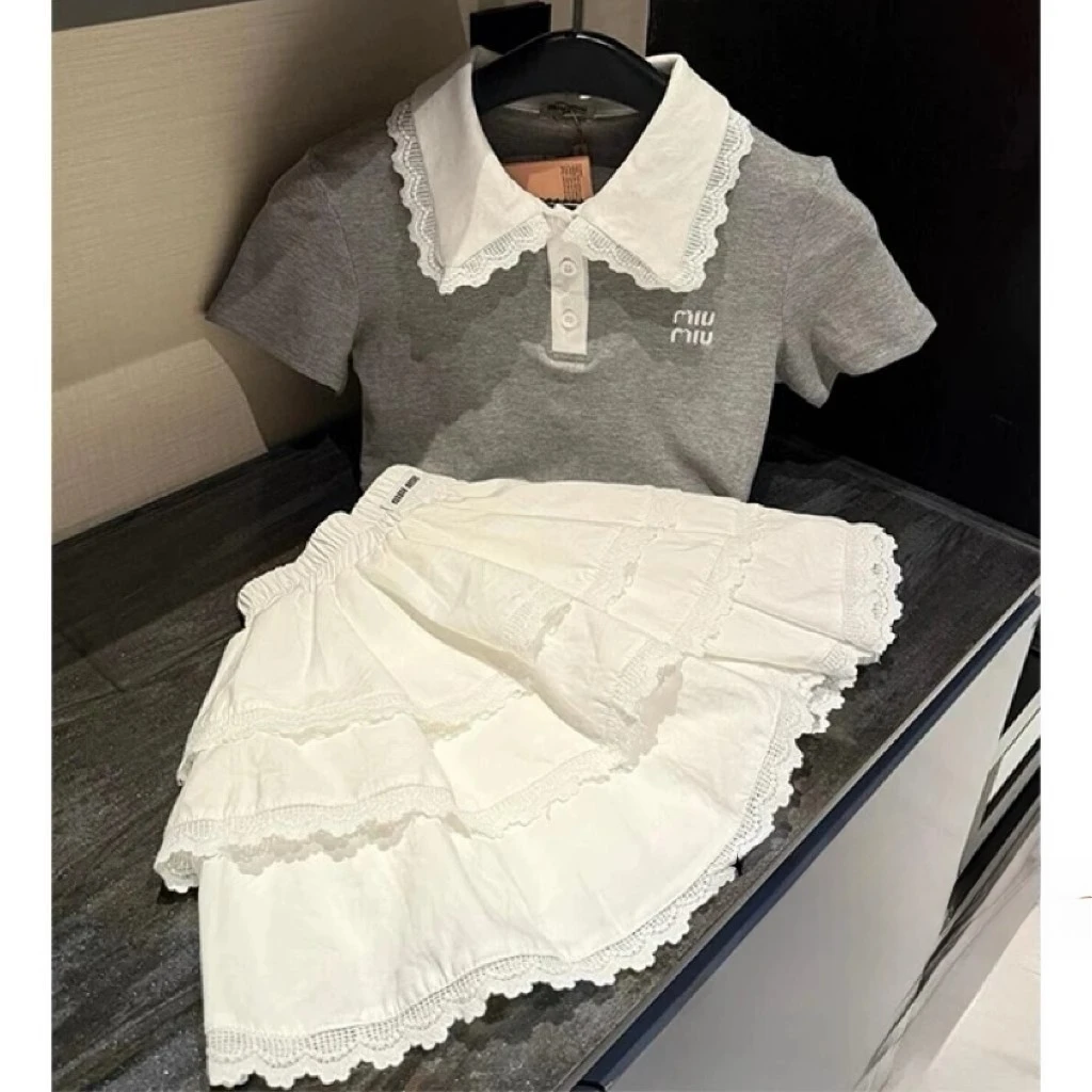 女童学院风短袖短裙套装夏季2025新款蕾丝花边POLOT恤蛋糕裙甜美