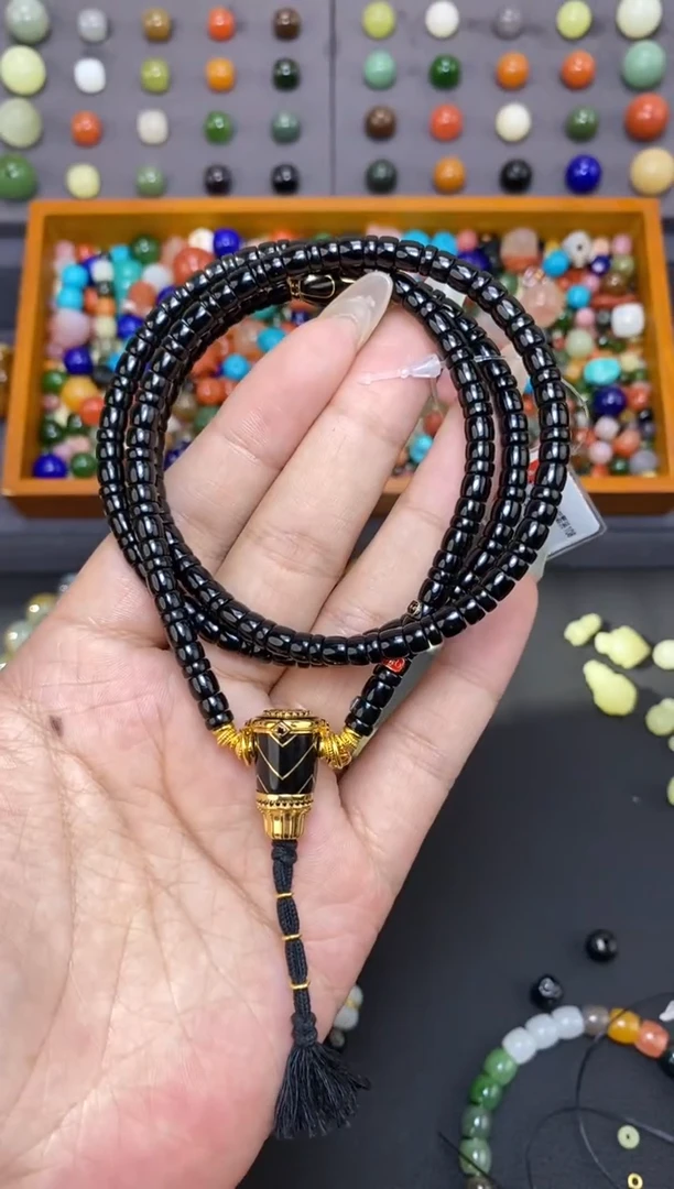 未镶嵌和田玉挂件5.5mm黑青药片108熔岩套装