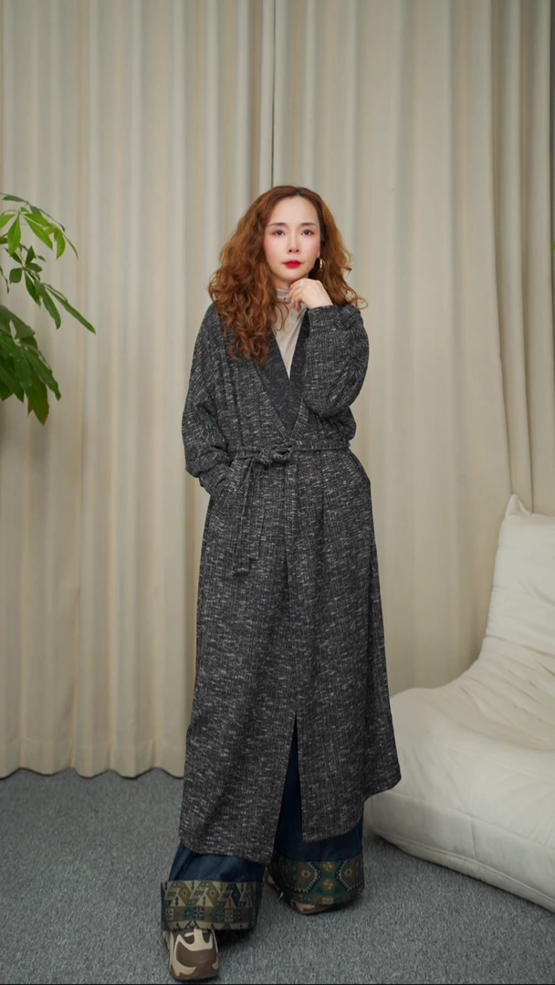 花璟与麻原创设计款针织连帽风衣外套（衣长113胸围138)