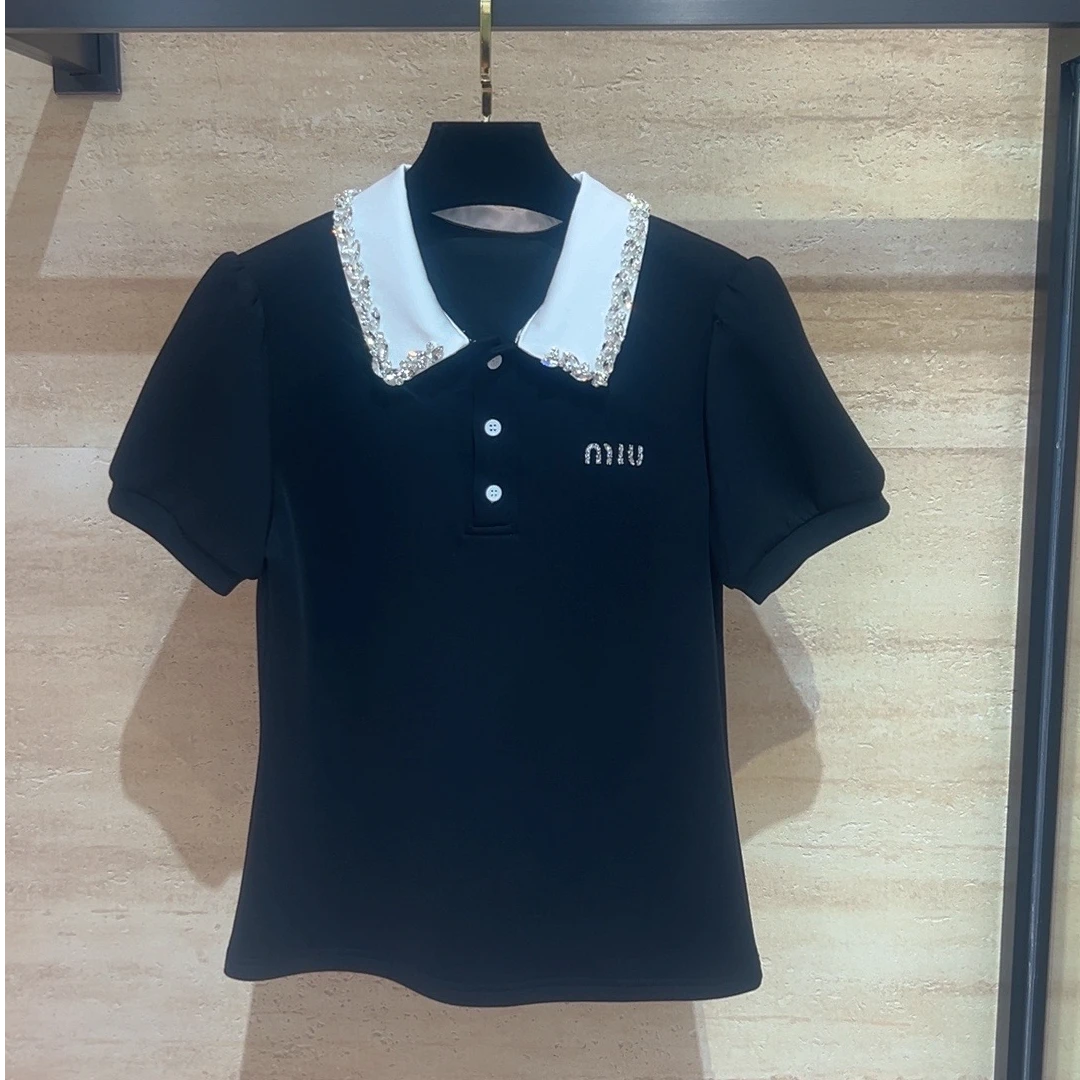 <猪猪出品>2025春夏上新时尚显瘦黑色百搭翻领镶钻POLO衫夏季540