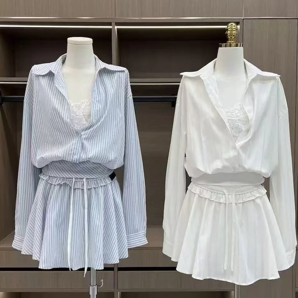 婷婷家简约美式高腰长袖薄款衬衫女A型裙防走光短裙两件套装女