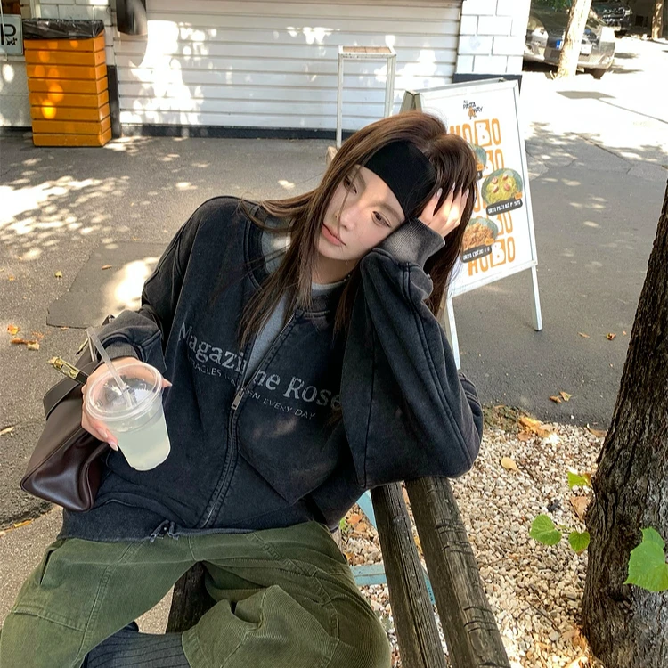 复古水洗做旧圆领印花卫衣外套女中长款宽松字母夹克上衣