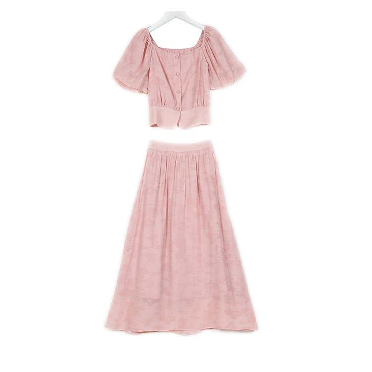 简&搭千屿Sheila夏季花苞袖上衣半身裙气质两件套装女0519-803