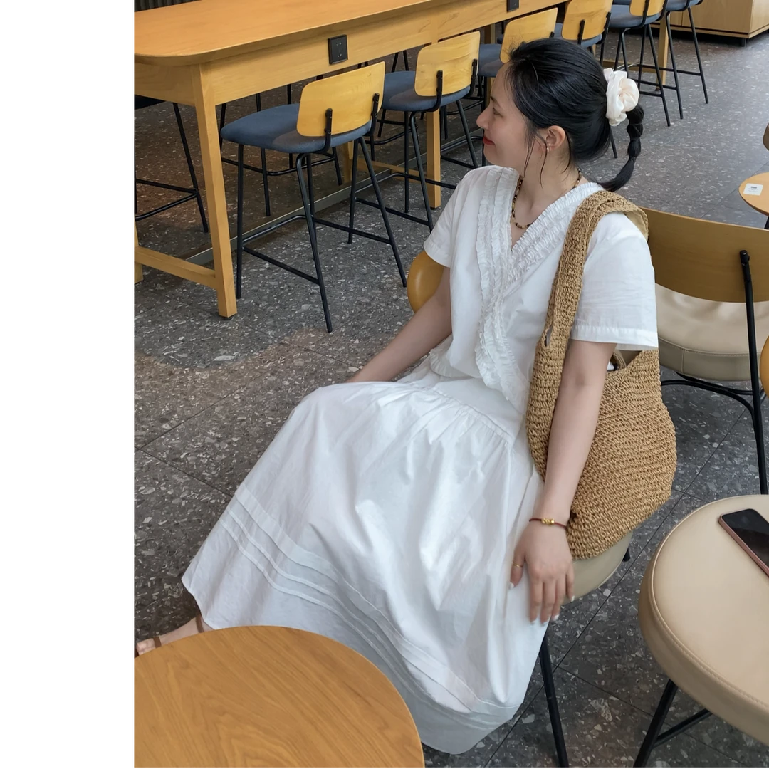 itisdalian“初恋裙”花边精致V领显瘦连衣裙 夏