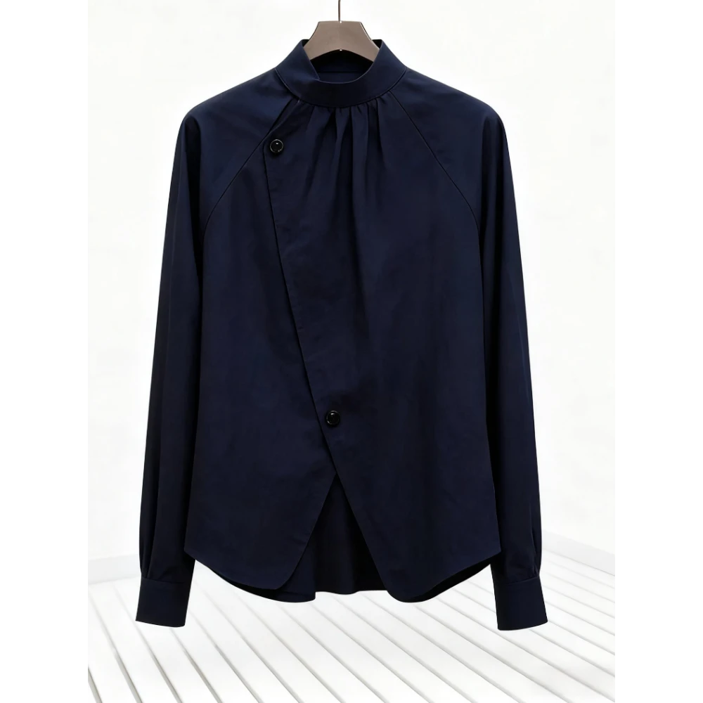 气质好的想转圈圈！藏蓝色长袖上衣洋气独特别致小衫法式衬衫女装