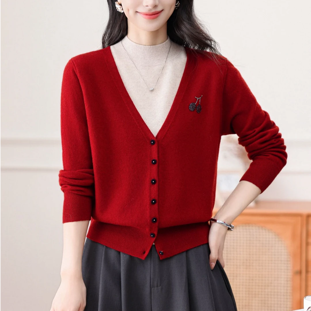 黛妍792冬季新款100%羊毛百搭气质女半高领假两件小樱桃针织上衣