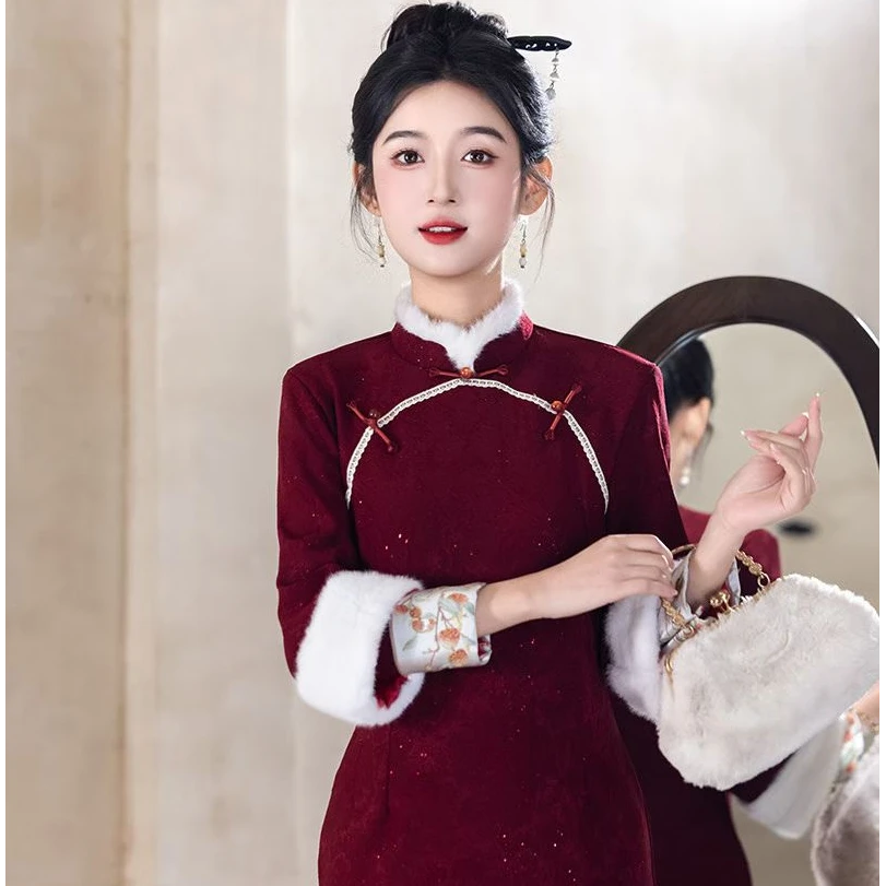 【红袖添香】25年冬季加绒弹力叠袖改良雅致旗袍-衣长1.15米