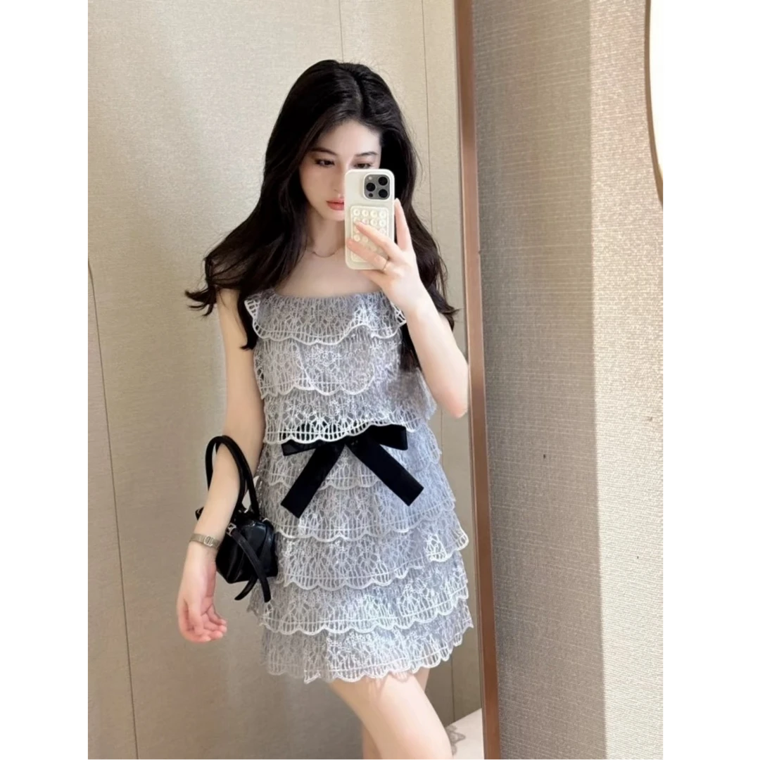 特别漂亮的连衣裙2025夏季新款手工蕾丝花边蛋糕裙减龄蝴蝶结短裙