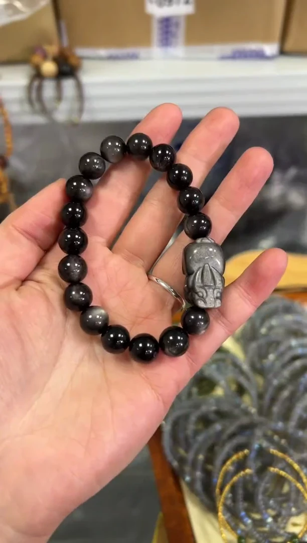 【闪购商品】黑曜岩手链未镶嵌银曜石貔貅款手串10MM[0250]