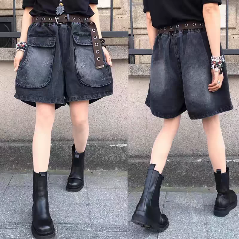 欧洲站2025夏季新款休闲时尚大口袋水洗牛仔阔腿裤短裤【没腰带】