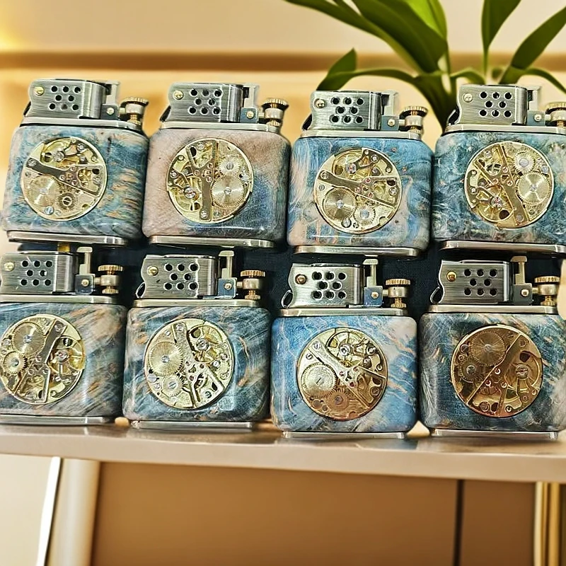 复古怀旧煤油打火机树脂蓝色花纹个性防风带表芯檀木打火机礼物