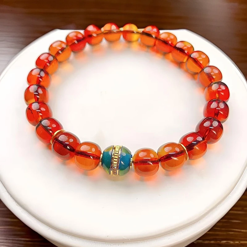 【云飞珠宝】稀有天然墨西哥红蓝珀老型8mm配蓝珀汉堡手串