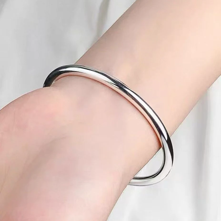 足银手镯 9999足银手镯光面实心素圈年轻款银镯子手环送女友