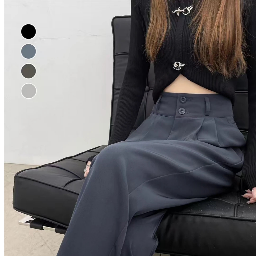 高腰印染阔腿裤拼接西装裤阔腿薄款设计感拖地裤垂感百搭女款