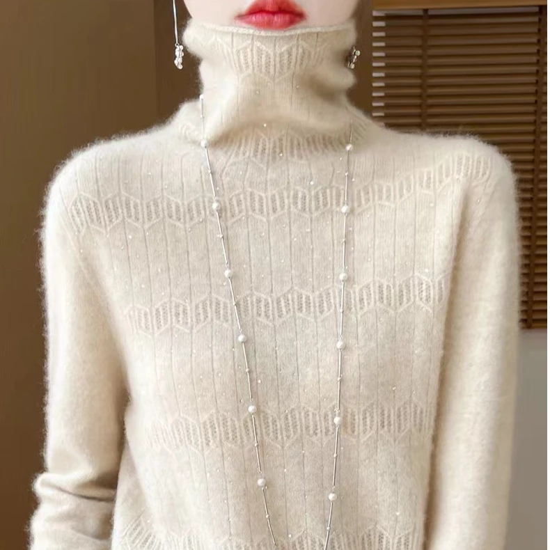 100纯羊毛一线成衣堆堆领全钻女上衣D236【清】