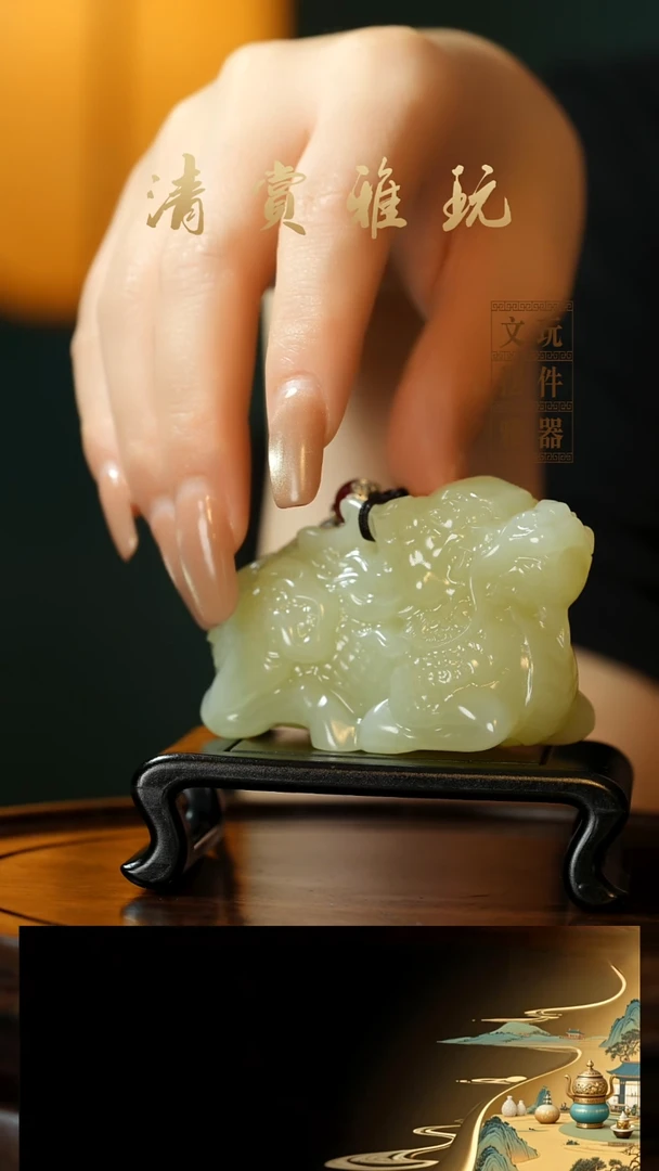 玉《麒麟背书》手把件摆件