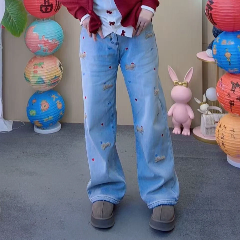 2025冬季新款加绒牛仔裤发财小狗九分老爹库时尚休闲复古百搭